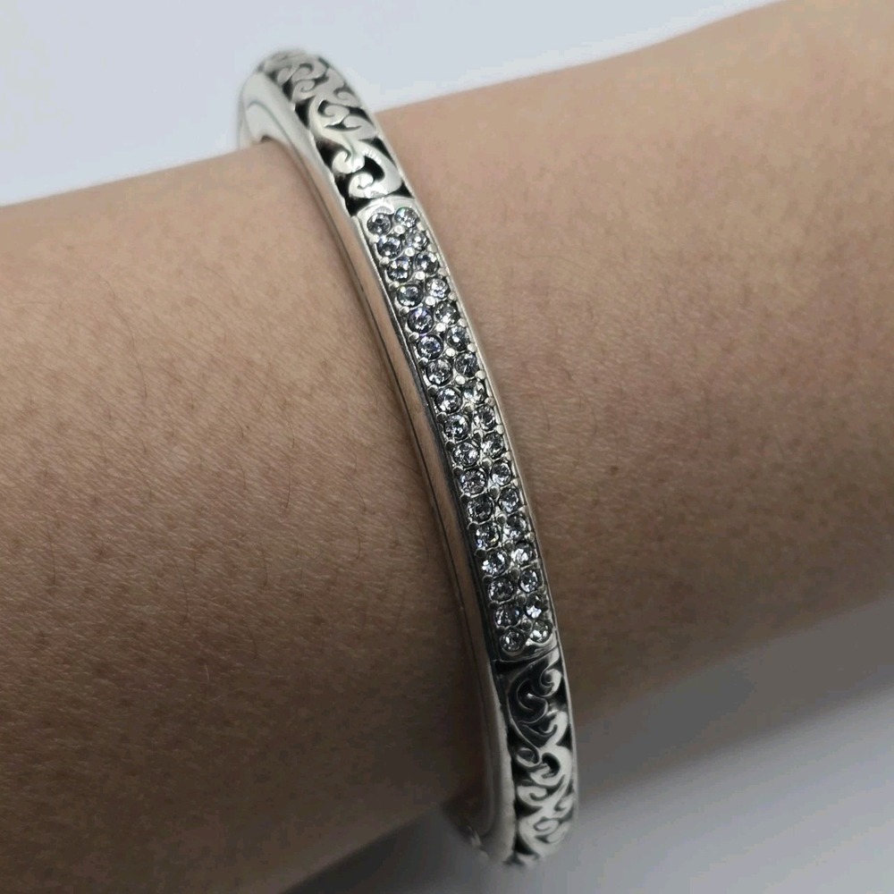 Brighton Sacred Cross Hinged Bangle Bracelet Silver Tone Scroll Design Crystals